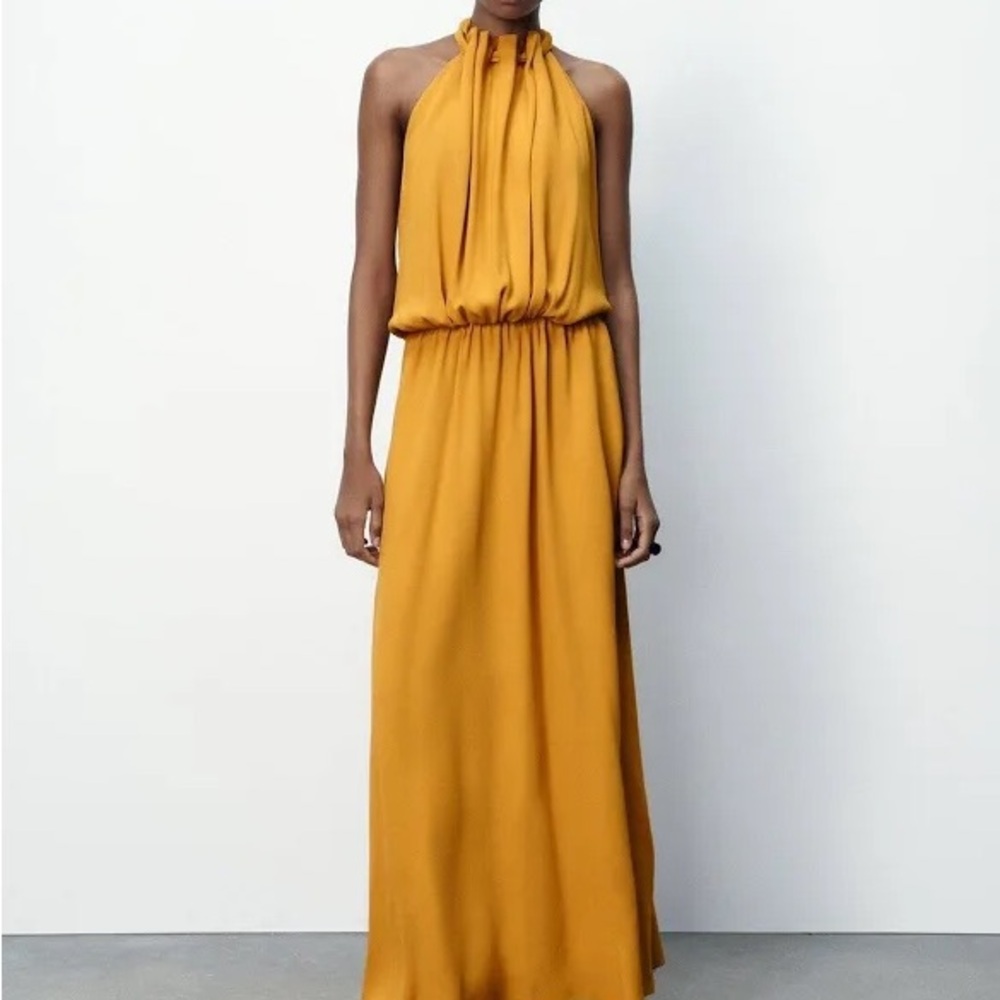 Zara Yellow maxi halter neck dress, size small.